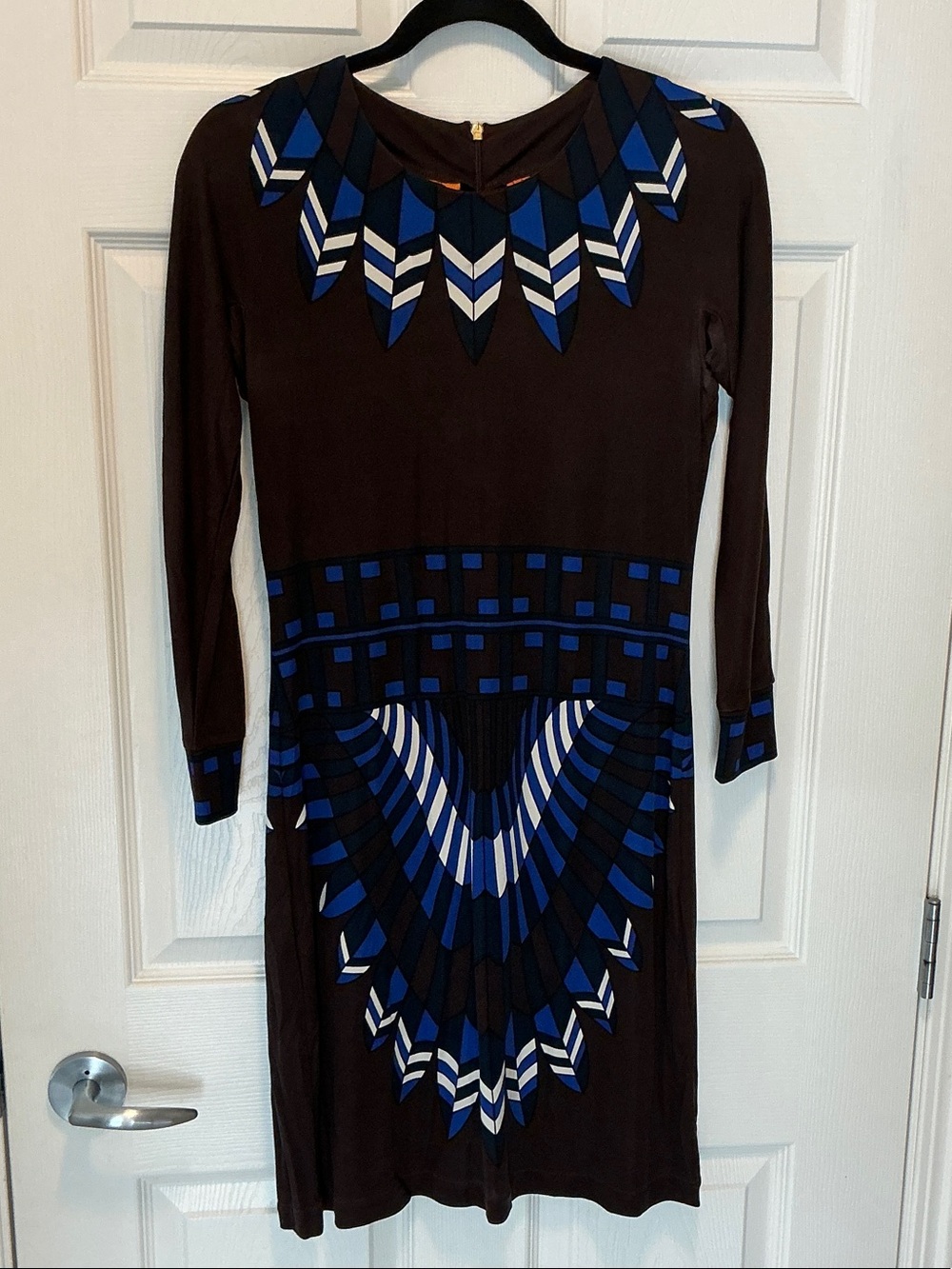 Women's Brown and Blue Patterned Long-Sleeve Dress